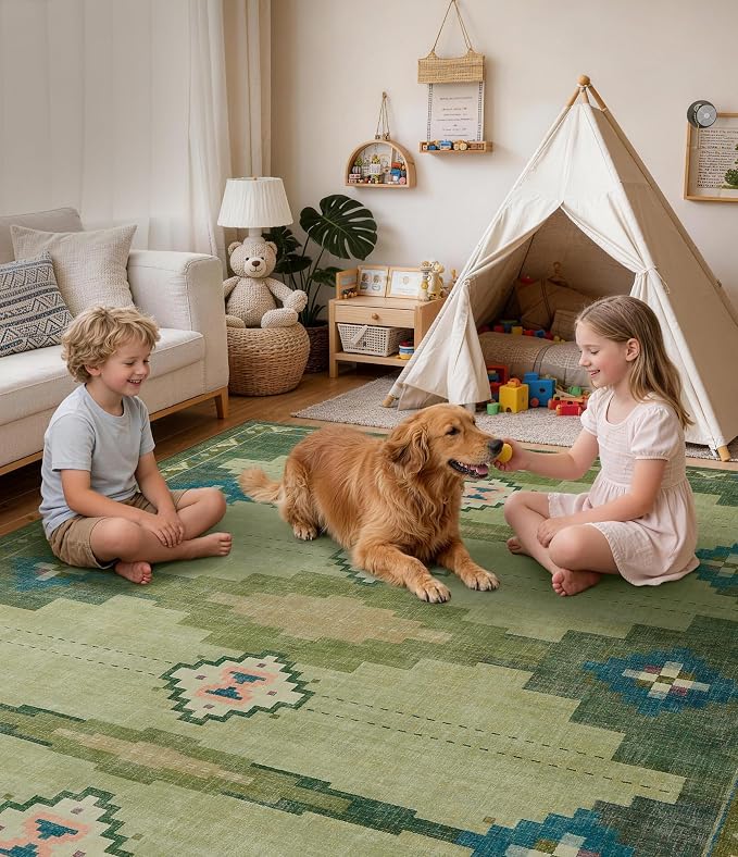 YIHOUSE 5’x7’ Washable Green Mid Century Modern Area Rug for Living Room | Non-Slip, Soft, Low Pile, Funky Retro Aztec Rug for Bedroom Dining Room Playroom, Green