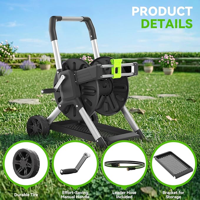Upgrade Garden Hose Reel Cart, Holds 200 Feet of 5/8-Inch Hose, Hose Reel Cart With Effort-saving Hand Crank,Freestanding Water Hose Reels for Outside Garden Lawn Yard Outdoor