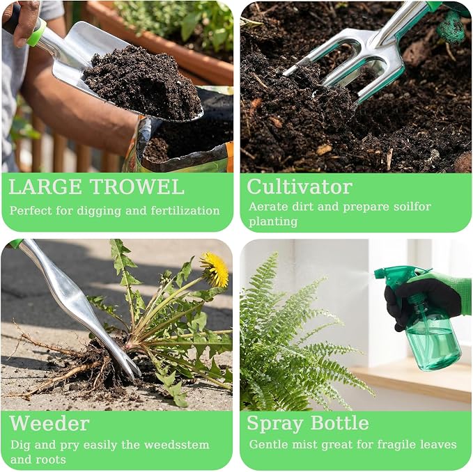10-Piece Garden Tool Set - Heavy Duty Lightweight Aluminum Alloy Gardening Tools with Storage Tote Bag, Rust-Proof Gardening Hand Tools & Non-Slip Ergonomic Grip, Ideal Gardening Gifts for Women