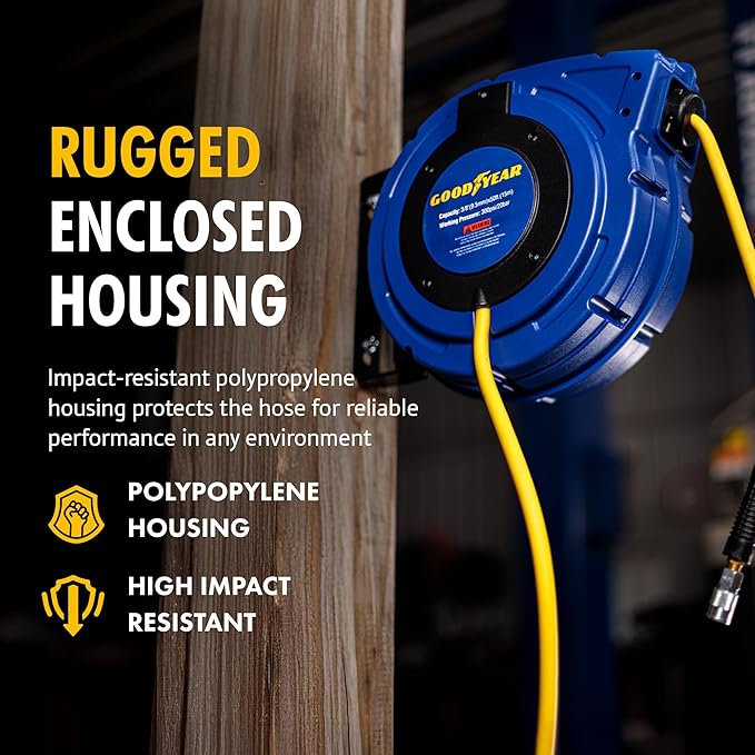 Goodyear Air Hose Reel Retractable 3/8" Inch x 50' Foot Hybrid Polymer Hose Max 300PSI Commerical Polypropylene Construction