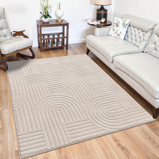 SHACOS Soft Cozy Fluffy Arch Pattern High Low Pile Area Rugs 4'x6' Non Slip Washable Scandinavian Minimalist Rug Modern Geometric Arc Carpet for Living Room Bedroom Dining Room, Beige