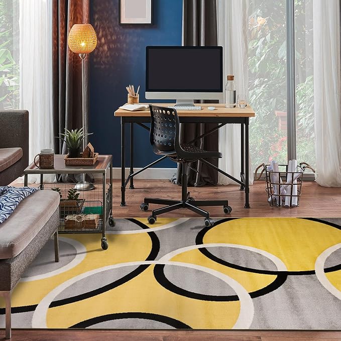 Rugshop Abstract Circles Contemporary Living Room Area Rug Yellow 6'6" x 9' | Non-Shedding, Rectangular, Size 6'6" x 9', Bedroom, Dining Room, Home Office, Kitchen, Entryway, Hallway, Nursery, Kids Room