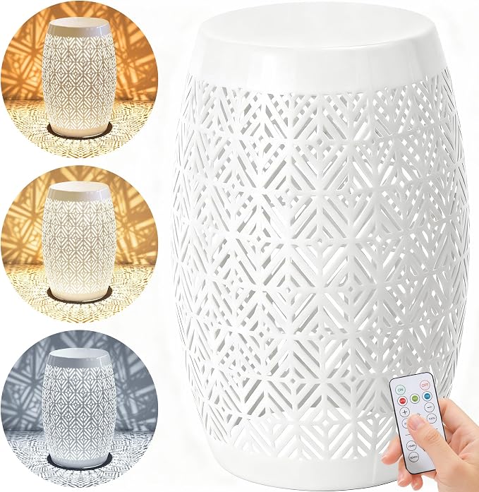 18" Cutout Metal LED Outdoor Side Table, Modern Drum Accent Table | Versatile Decorative Table with 3-Mode LED Lights,Use as Coffee Table, Garden Stool, Nightstand for Patio, Living Room