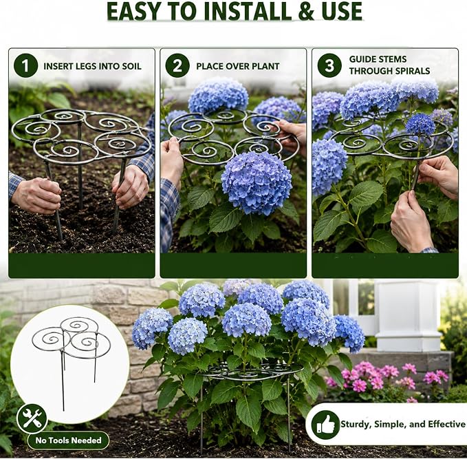 Metal Plant Support Ring for Garden, Heavy-Duty Peony & Dahlia Cage, Stackable Flower Support for Indoor & Outdoor Plants, Decorative Grow-Through Ring, Orchid Clip