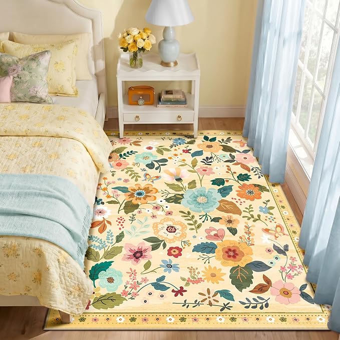 RELEANY Floral Washable 4x6 Area Rugs Yellow/Orange | Flower Carpet, Print, Boho, Non-Slip, Easy to Clean, Soft, Low Pile for Living Room Bedroom Kitchen Office Entryway Hallway