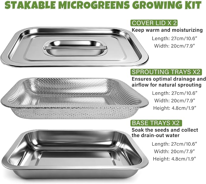 2 Pack Stainless Steel Seed Sprouter Trays, 2-Tier Soil-Free Microgreens Growing Kit, Sprouting Tray with Cover Lids & Mesh Pads for Sprouts Beans Alfalfa Wheatgrass (10.6" * 7.9" * 1.9")