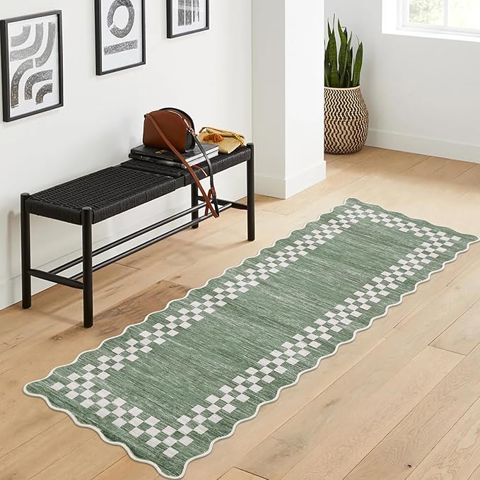 GarveeHome Washable Runner Rug 2x10 Modern Bordered Hallway Runner Rugs | Non Slip Kitchen Throw Carpet Checkered Entryway Runners Low Pile Solid Rugs for Living Room Bedroom Nursery Sink, Green