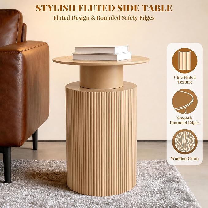 24" Fluted End Table Reversible, Hidden Storage, Natural Oak | Mid Century Modern Nightstand, Bedside Table, Cylinder Side Table, Pre-Threaded MDF, for Bedroom Living Room Office