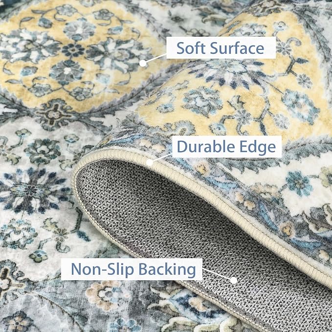 ROYHOME Washable Round Rug 5ft Moroccan Washable Area Rug, Blue/Yellow | Stain Resistant Non-Slip Circle Rug Vintage Distressed Round Throw Carpet for Living Room Bedroom Kids Room Playroom