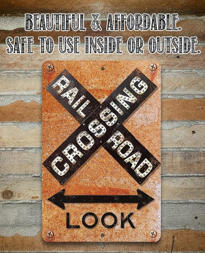 Railroad Crossing Sign - Rustic Train Terminal Decor, Vintage Railway Xing Signage for Bedroom or Man Cave, Nostalgic Street Sign and Gift Idea, Use Indoor or Outdoor Metal Sign 12x18