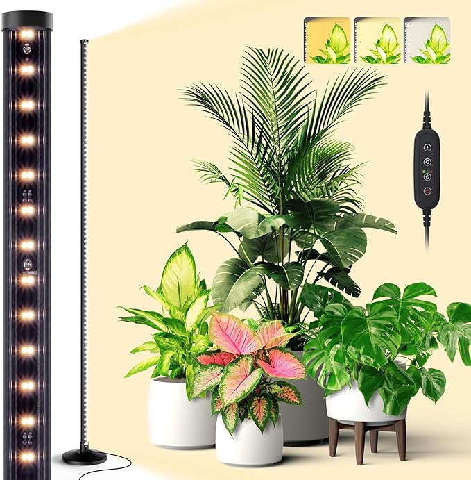 Bstrip Standing Grow Light for Indoor Plants, Vertical Grow Light with 3 Light Modes, Wide Illumination and Dimmable, T10 Full Spectrum Grow Lights, 16in-65in Adjustable Height & Auto Timer