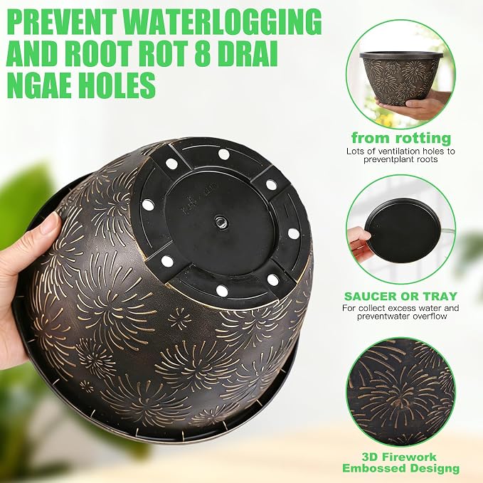 Nooulap 4 Pack 16 Inch Large Plant Pots with Drainage Holes and Saucers,Firework Embossed Plastic Planters, Flower Pots for Indoor Outdoor, Perfect for Large Plants, Trees, Patio and Home Decor