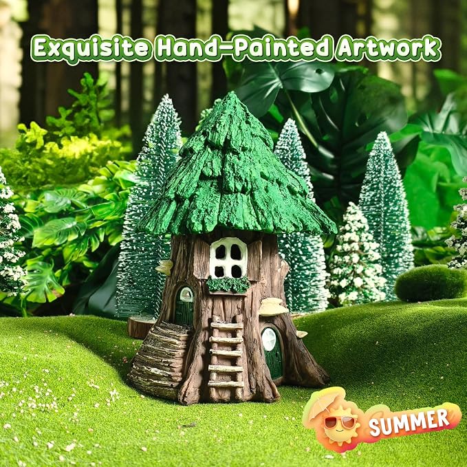 DONABELA Fairy Garden Tree House Miniature Decor Village Figurine Accessories Supplies Outdoor Indoor Tiny Resin Forest Set