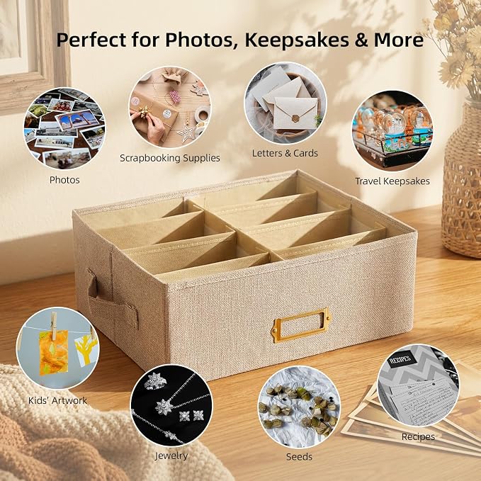 Linen Photo Storage Box with Adjustable Hook and Loop Dividers, Holds 1700 4"x6" Photos, Collapsible Picture Organizer with Handle and Label Stickers, Memory Keepsake Box for Women, Black
