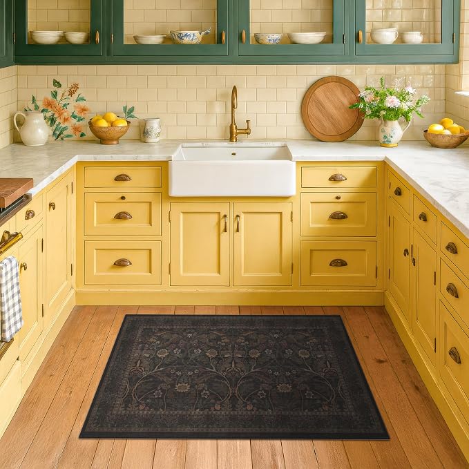 Dark Brown 2x3 Washable Entry Rug, Throw Small Rugs for Entryway Kitchen Bathroom Indoor Door Mat, Farmhouse Floral & Botanical Door Mats, Low Pile Soft Stain Resistant Carpet