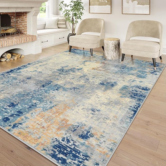 Lahome Modern Abstract 6x9 Area Rugs for Living Room, Washable Accent Bedroom Rug Low Pile Stain Resistant, Blue Soft Indoor Contemporary Carpet for Dining Room Table Apartment
