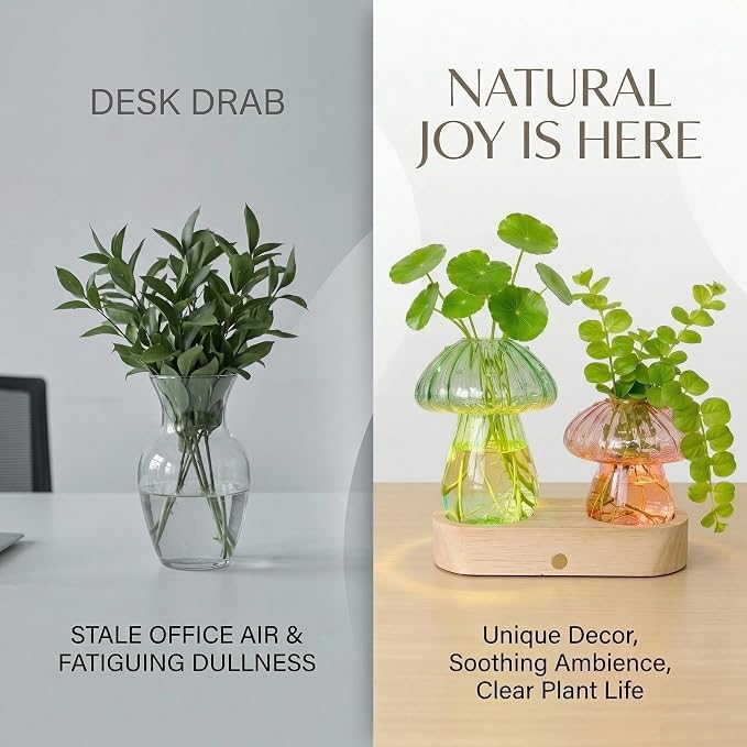 LED Mushroom Glass Propagation Vase with Wooden Base, Hydroponic Plant Holder, Ambient Night Light for Desk, Bedroom & Living Room, Cute Home Decor Gift for Plant Lovers