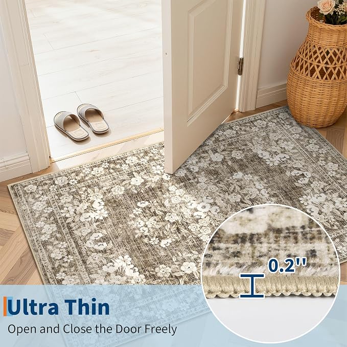 GarveeHome 8x10 Washable Rug Vintage Brown Flower Botanical Floor Cover | Distressed Bordered Bedroom Rugs Low Pile Non-Slip Vintage Floral Area Rug for Living Room Guest Room Office Nursery