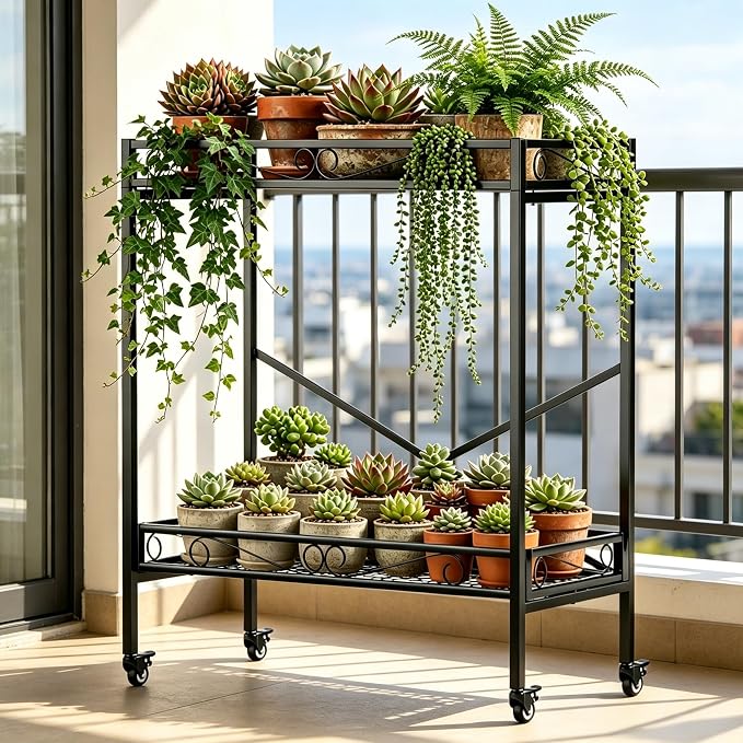 Zhongma 2 Tier Window Height Sturdy Metal Plant Stand with Wheels, 32.7x16x39.4 Inch High, Heavy Duty Succulent Shelf for Home Indoor and Outdoor, 440 LBS Capacity & Heavy Duty Construction