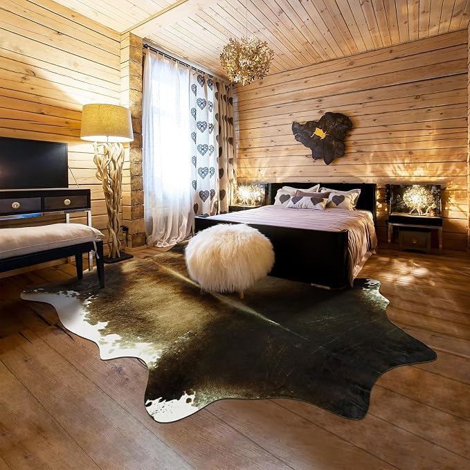 Washable Non Slip Cowhide Area Rug 5x6 Brindle and White, Faux Animal Skin Carpet for Bedroom, Western Rustic Cottagecore Teen Room Decor Rugs for Under Coffee Table Bedside