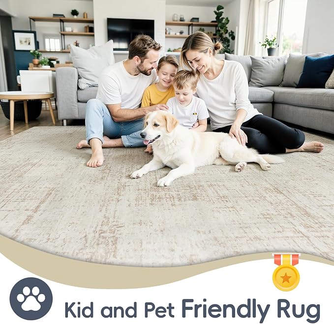 5x7 Washable Area Rug for Living Room Bedroom: Non-Slip Modern Beige White | Machine Washable TPR Backing, Stain-Resistant Low Pile, Pet & Kid Friendly, Abstract Decor for Dining Room, Dorm, Home Office