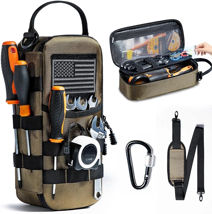 Heavy Duty Small Tool Bags for Men with Carabiner,Tactical Tool Pouch Bag,Portable Utility Tools Storage Organizer Case with Shoulder Strap for EDC,Motorcycle,Camping, Road Trip, Electricians