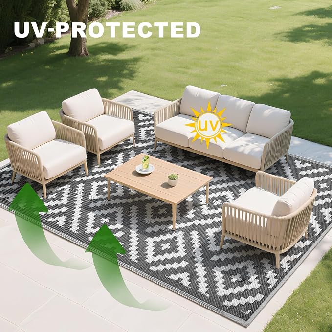 RURALITY Outdoor Rugs 5x8 Feet for Patios Clearance,Plastic Straw Waterproof Mats for Backyard,Porch,Deck,Balcony,Grey&White