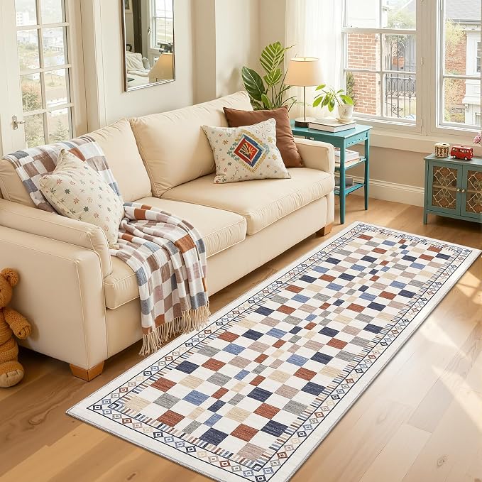 GarveeHome 2x6 Runner Rug for Kitchen Bath Modern Abstract Checkered Rug | Machine Washable Carpets for Nursery Room Non-Slip Low Pile Contemporary Multi-Color Laundry Room Area Rug for Kids Room