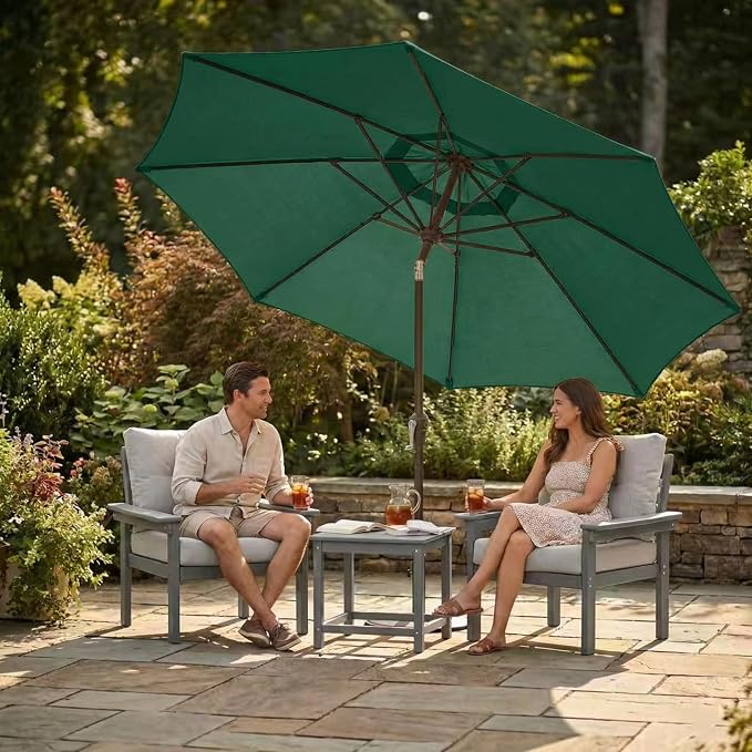 Kingdura 9FT Outdoor Patio Umbrella, Round Market Table Umbrella with Push‑Button Tilt and Crank Lift, 8 Sturdy Metal Ribs, UV50+ Protection Canopy for Backyard, Lawn, Deck, Poolside, Garden (Dark green)
