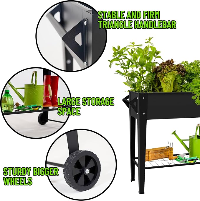 LEETOLLA Elevate 32" Tall Raised Garden Bed Outdoor with Wheels & Shelf for Mobility, 400LBS Capacity, Anti-Rust Steel Planter Box for Vegetables/Herbs, Patio-Balcony-Backyard