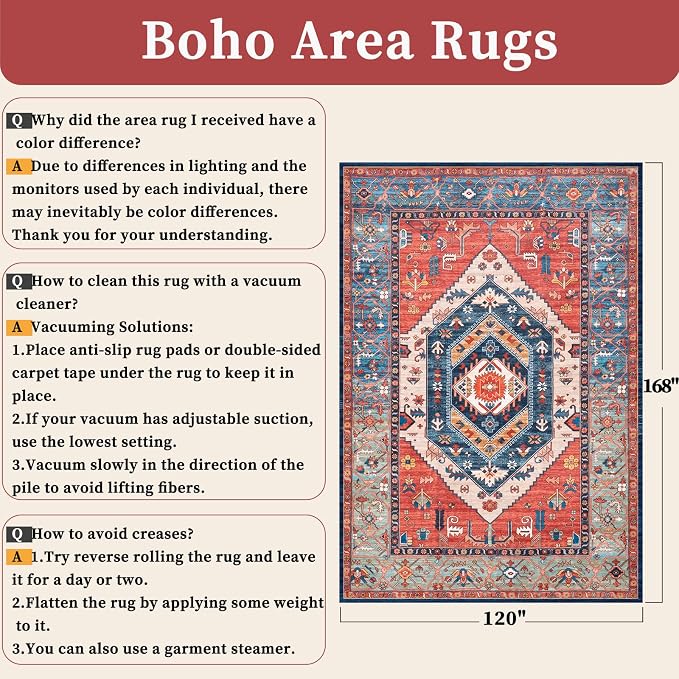 SERISSA 10x14 Washable Non Slip Boho Area Rug for Living Room，Rust | Ultra Soft Vintage Oriental Carpet Low-Pile Distressed Tribal Floor Carpet for Dining Room Bedroom Office Home Decor