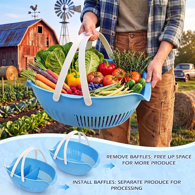 Nuogo 3 Pcs Garden Harvest Basket Removable Partitions with Tool Caddy for Collecting Carrying and Cleaning Harvesting Basket Doubles Colander for Vegetables and Fruits Garden Accessories(Blue)