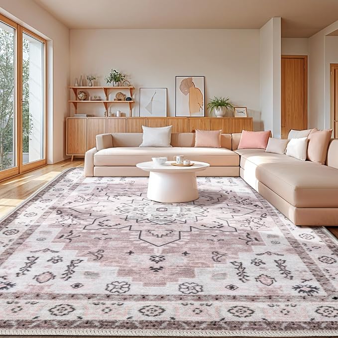LBRO2M Machine Washable Rug Soft Pet Friendly Carpet 8X10 Pink | Persian Rug 8X10 for Living Room, Bedroom, Dining Room, Home Office, Non Slip Carpet, Foldable Stain Resistant Rugs