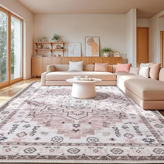 LBRO2M Machine Washable Rug Soft Pet Friendly Carpet 8X10 Pink | Persian Rug 8X10 for Living Room, Bedroom, Dining Room, Home Office, Non Slip Carpet, Foldable Stain Resistant Rugs