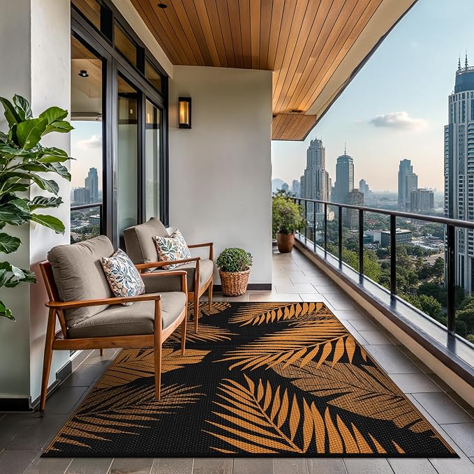 GENIMO Outdoor Rug 6' x 9' Waterproof for Patios Clearance, Reversible Outdoor Plastic Straw Camping Rug Carpet, Large Area Rugs Mats for RV, Camper, Deck, Balcony, Porch, Beach, Picnic, Orange&Black