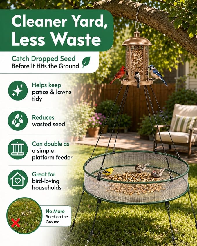 Bird Seed Catcher Tray for Outdoor Hanging Feeders, 24" Large Upgraded Anti-Flip Feeder Tray with Complete Accessories, 4" Deep Windproof Platform to Catch Dropped Seeds, Fits Most Bird Feeders