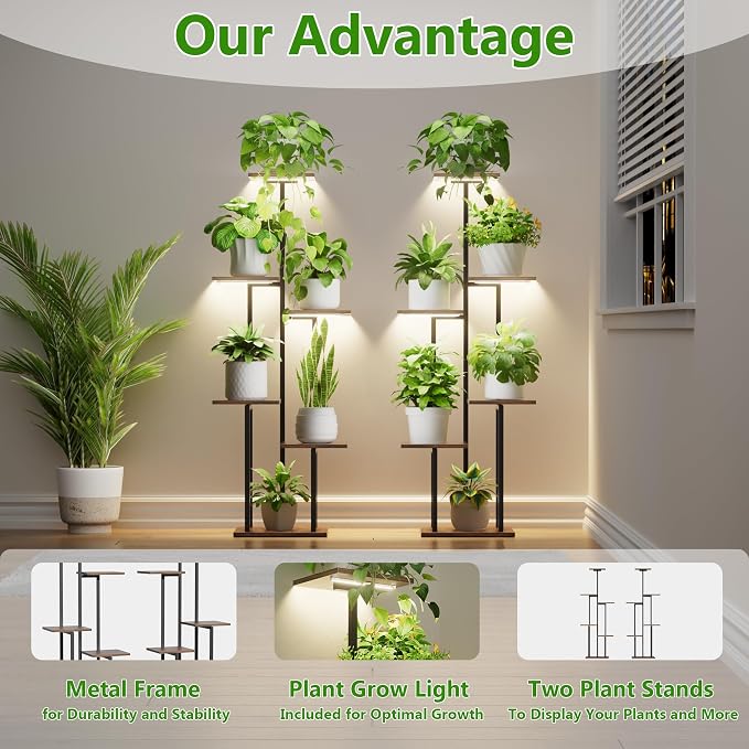 Plant Stand Indoor with Grow Light - 2 Pack Metal Plant Shelf for Indoor Plants Multiple, 6 Tiered Corner Plant Stand Shelves, Plant Rack Display Flower Holder for Living Room Patio Balcony Décor
