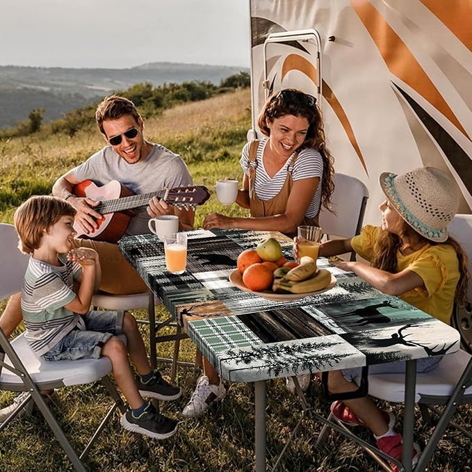 Picnic Table Cover with Bench Covers and Bag, Teal Rustic Camping Essentials Waterproof Windproof, Fitted Tablecloth Cover with Elastic Edge, for Indoor & Outdoor, Camping, 3 Pieces Set, 30x60 IN
