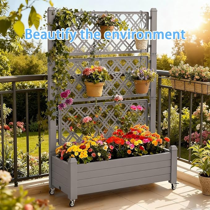 Vixzen 64" Tall Raised Garden Bed,Outdoor Large Resin Planter Box with Trellis and Drain Plug for Climbing Plants,Easy to Assemble,Water Monitor,Mobility(Light Brown, 43.43"×18.27"×64.29")