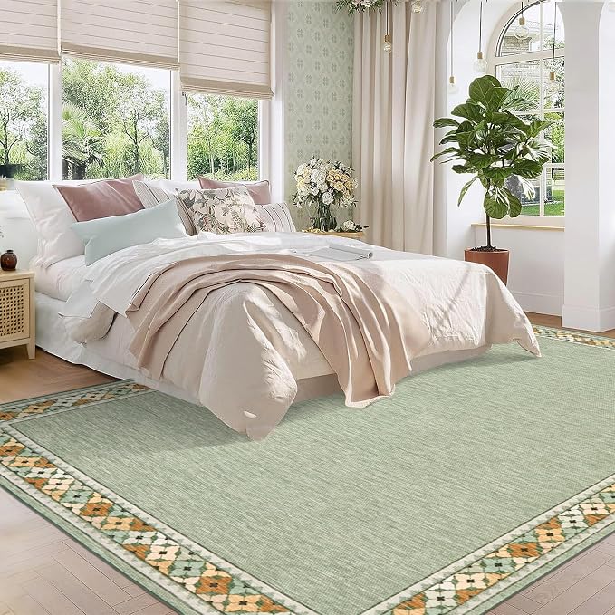 Garvee 8x10 Tribal Border Washable Rugs for Living Room Bedroom Rug, Green | Floral Border Area Rug Stain Resistant Easy Cleaning Throw Rugs Low Pile Floor Cover for Nursery Dining Room Apartment