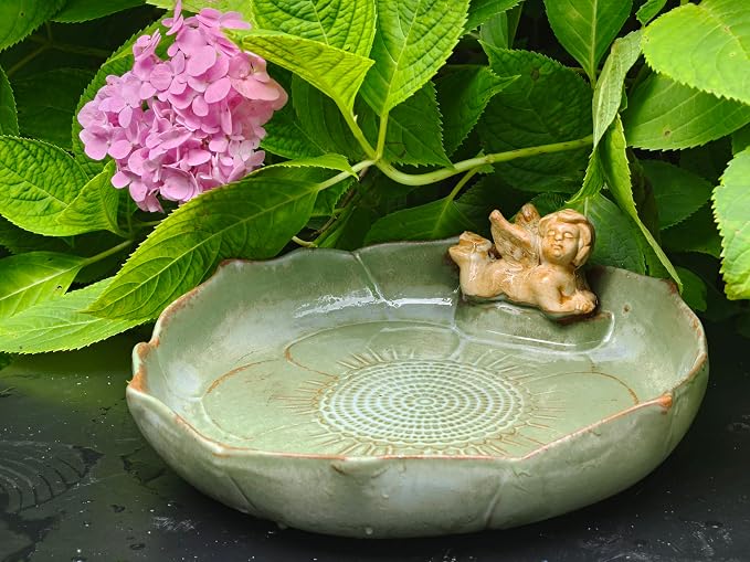 9.45inch Ceramic Ground Bird Bath Bowl for Outside, BirdBath Bowl Only, Ground Bird Feeders and birdbath for Outdoors, Tabletop，Balcony and Garden(Angel)