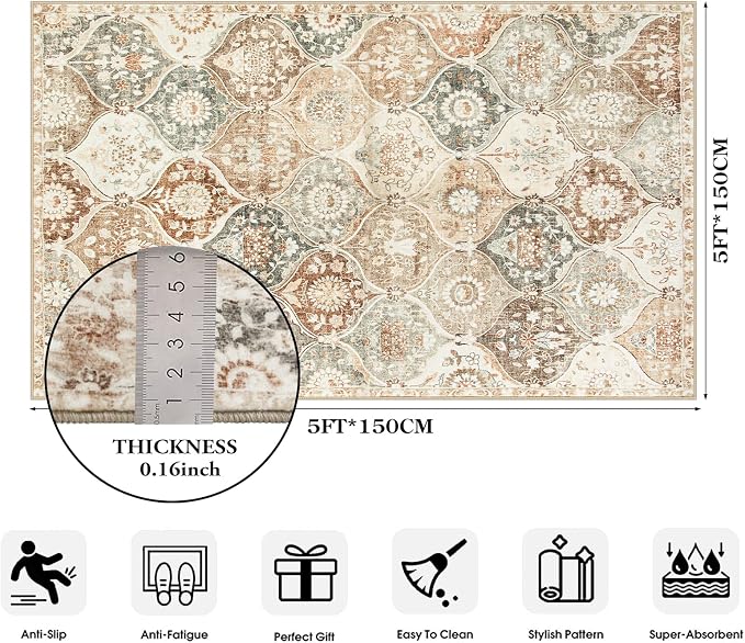 Lahome Moroccan Washable Small Rug, 3x5 Black Rugs for Bedroom Entryway | Small Trellis Non-Slip Oriental Throw Living Room Carpet for Kitchen Office Entryway Bathroom Office Elise, Khaki