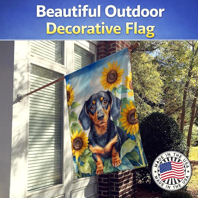 Caroline's Treasures DAC6066CHF Dachshund in Sunflowers House Flag Large Porch Sleeve Pole Decorative Outside Yard Banner Artwork Wall Hanging, Polyester, House Size, Multicolor