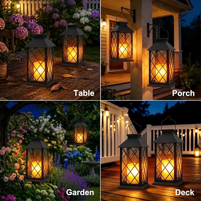 Solar Lanterns Outdoor Waterproof, 2 Pack 14'' Large Tempered Glass Outdoor Lanterns with Flameless Candle, Solar Hanging Lantern Decorative for Patio Porch Garden Table Deck Outside - Black