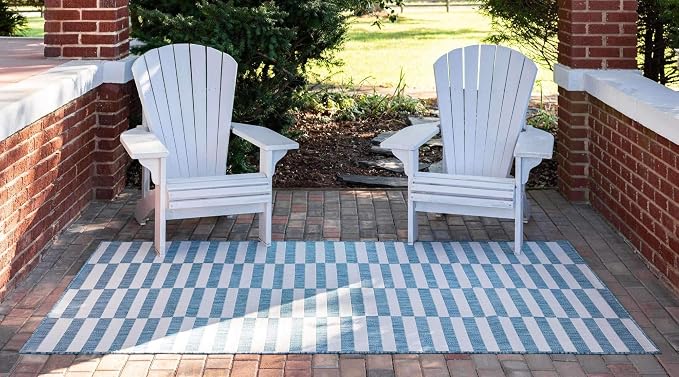 Unique Loom Outdoor Striped Collection Area Rug - Striped (9' x 12' Rectangle, Light Aqua/Ivory)