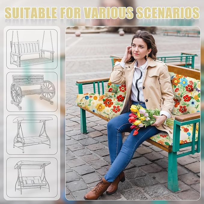 Porch Swing Cushions 2 Seater Replacement Thicken 5" Waterproof & Fade Resistant Swing Cushions for Outdoor Furniture Bench Patio Swing Cushion with Backrest & Ties(Color Floral 48x40x5inch)