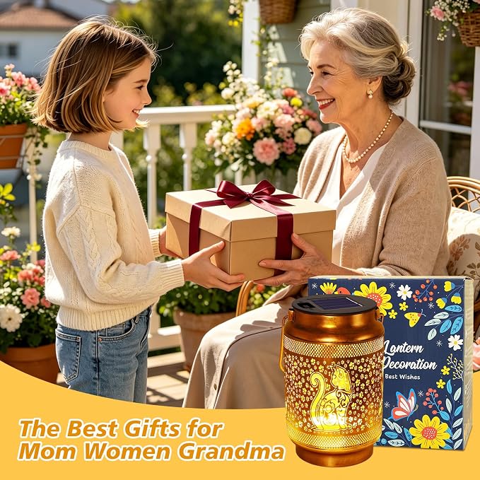 Cat Solar Lanterns Outdoor Waterproof Solar Garden Decor, Birthday Gifts for Women Mom Grandma, Metal Hanging Lights with Shepherd Hook for Outside Yard Patio Pathway Backyard Porch