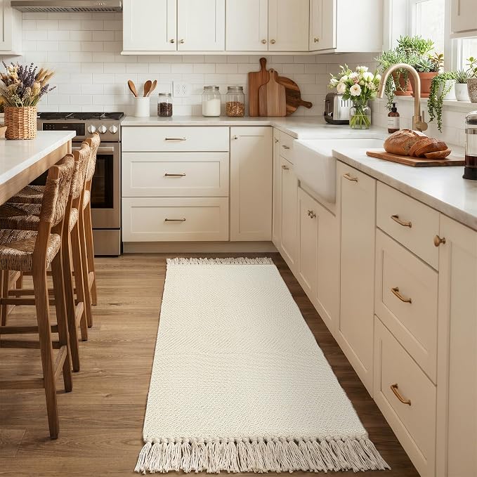 Bathroom Runner Rug, 2' x 5' Modern White Kitchen Mats | Farmhouse Hand-Woven Entryway Rugs Runners for Hallway, Boho Washable Laundry Carpet Indoor Front Door Mat for Bedroom Decor