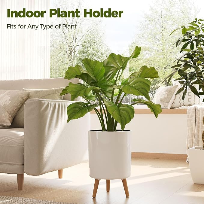 Bamworld Self Watering Pots for Indoor Plants with Water Level Indicator 10 inch Plant Pot Plastic Planter with Wooden Stand for Outdoor Plants Modern Décor for Porch Patio White Medium