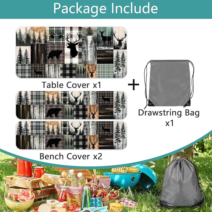 Picnic Table Cover with Bench Covers and Bag, Teal Rustic Camping Essentials Waterproof Windproof, Fitted Tablecloth Cover with Elastic Edge, for Indoor & Outdoor, Camping, 3 Pieces Set, 30x72 IN